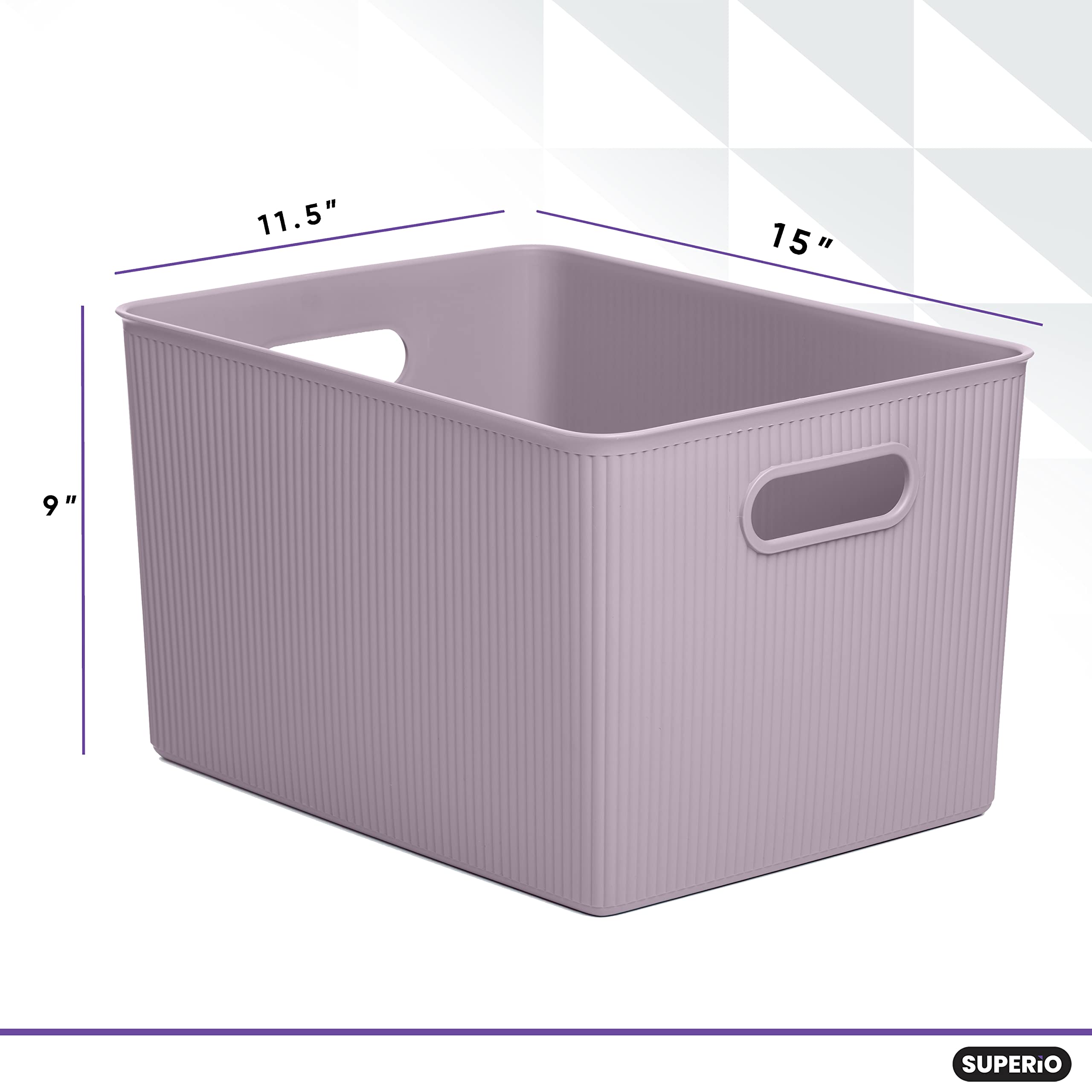 Superio Ribbed Collection - Decorative Plastic Open Home Storage Bins Organizer Baskets, X-Large Lilac Purple (4 Pack) Container